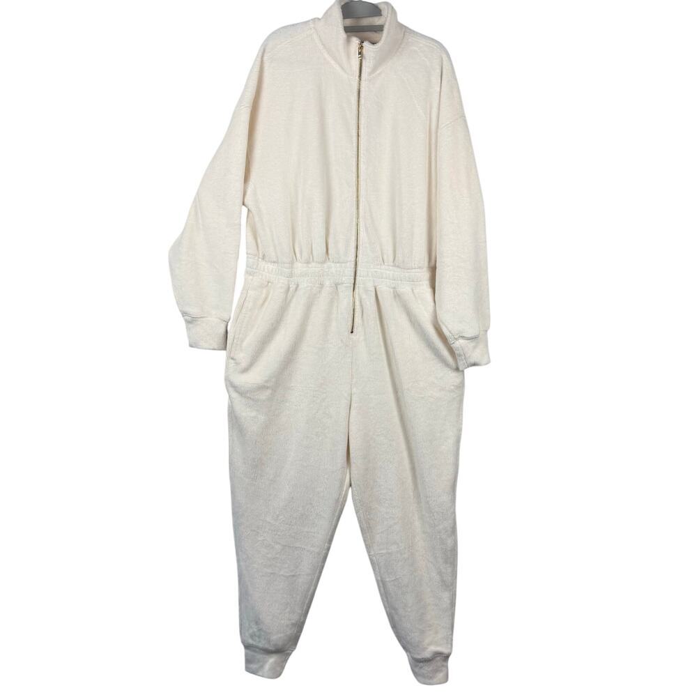 Fabletics Cream & Gold Cozy Cord Fleece Zip Up Long Sleeve Jump Suit NWT XXL